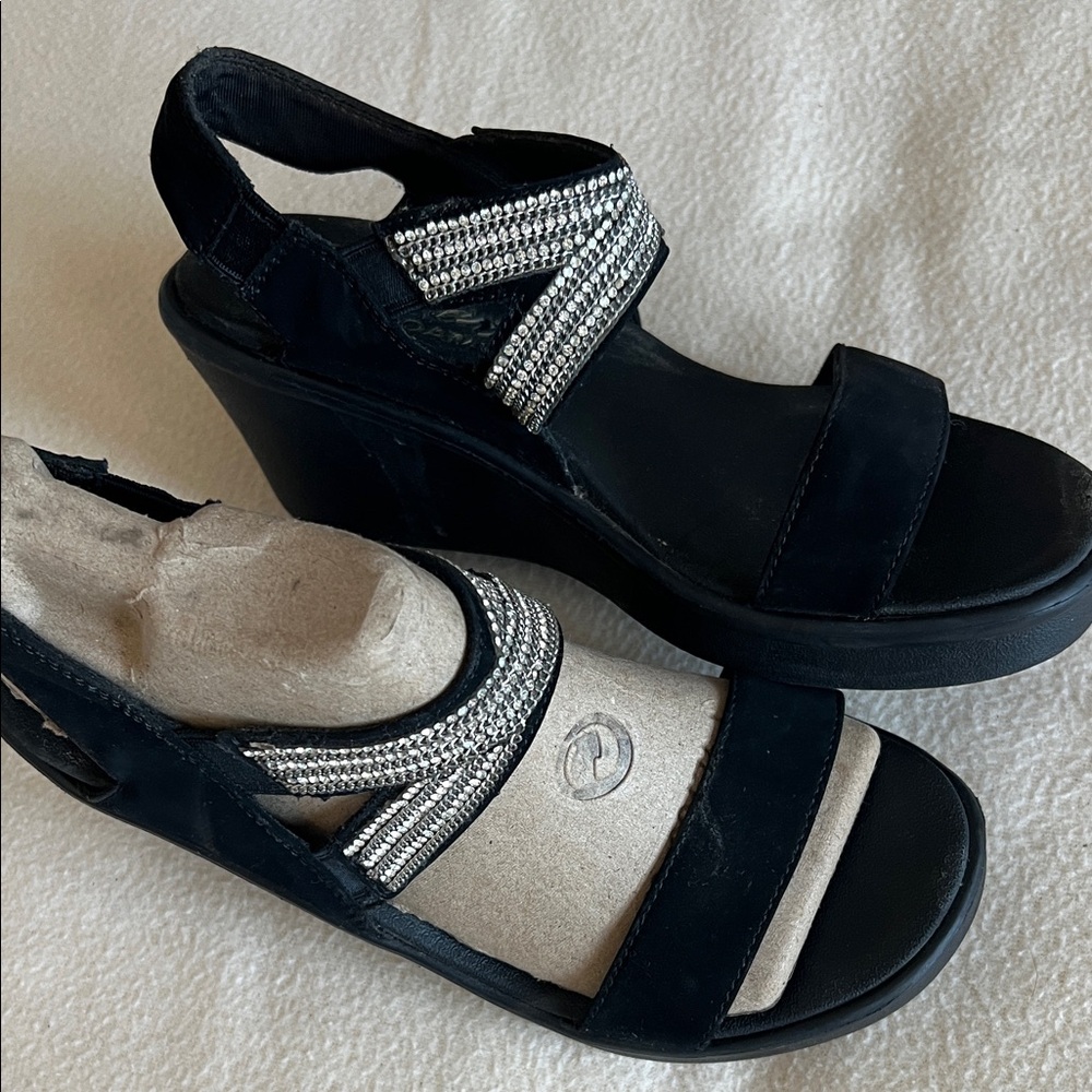 Skechers Black Wedge Sandals with rhinestones.